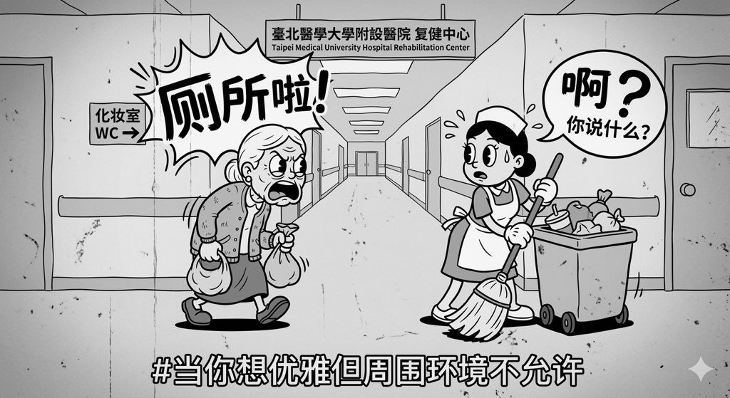 坐标在台北北医复健中心楼道里，一位七十岁左右的老妪从我面前走过，问正在负责整理垃圾桶的医院清洁工：“请问哪里有化妆室哦？”

清洁工一脸疑惑🤔没听清，回问：“啊？”

“化妆室。哪里有？”老妪再问。

“什么？你说什么？”清洁工似乎还是没有听明白。

“厕所啦！”老妪大吼一声。