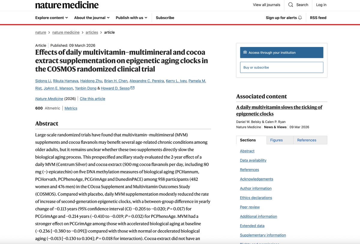 「マルチビタミン」が『生物学的な老化』を遅らせる可能性を示す論文。
研究によれば、毎日のマルチビタミン摂取によって、DNAメチル化で測定される"体内年齢"の上昇スピードが緩やかになると明らかになった。