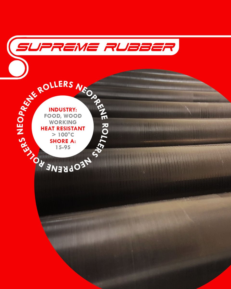 SupremeRubber's tweet image. Neoprene rollers perform in food and woodworking industries, with heat resistance above 100°C and Shore A 15–95. They offer strong durability, weather resistance, and reliable performance in tough processing conditions.

#supremerubber #rubberrollers #hy supremerubber.co.za
