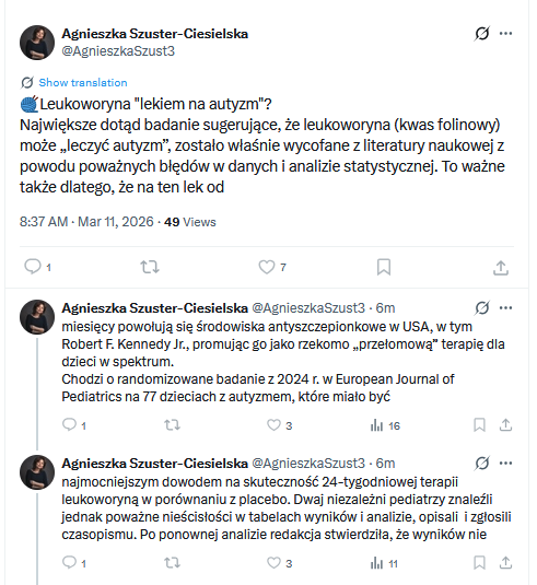 Stasiu_Botowski's tweet photo. Amerykanie odkryli, że u około 10% dzieci autystycznych występują przeciwciała FRAA – folate receptor alpha autoantibodies. (Link do badania na końcu). Są to autoprzeciwciała, czyli przeciwciała skierowane przeciwko własnemu białku organizmu – w tym przypadku przeciw receptorowi transportującemu foliany (witaminę B9). Przeciwciała przeciw receptorowi folianowemu α (FRAA) mogą przyłączać się do receptorów odpowiedzialnych za transport folianów z krwi do mózgu i częściowo je blokować. W efekcie do mózgu dociera mniej folianów, mimo że ich poziom we krwi jest prawidłowy. Foliany są potrzebne https://t.co/7iH6CUcwIH. do prawidłowego rozwoju neuronów, produkcji neuroprzekaźników, procesów metylacji DNA i dojrzewania połączeń nerwowych. Jeśli w rozwijającym się mózgu powstaje taki funkcjonalny niedobór folianów, może to zaburzać rozwój sieci neuronalnych odpowiedzialnych za komunikację, mowę i interakcje społeczne. U części dzieci takie zaburzenia rozwoju mogą dawać objawy, które klinicznie zostają rozpoznane jako autyzm. 

Teraz najlepsze: Wiecie jak mogą powstawać te przeciwciała? Oczywiście to może być efekt szczepionek. To bardzo ważne odkrycie bo może być tłumaczyć efekt wzrostu przypadków autyzmu jaki obserwujemy, który koreluje ze wzrostem szczepień obowiązkowych. To duże ryzyko dla koncernów farmaceutycznych jak i dla systemu szczepień, bo może faktycznie oznaczać, że szczepionki u części dzieci powodują jednak autyzm. Odpowiedzią jest oczywiście walka z tymi pracami, zablokowanie tych badań na ile to możliwe, zablokowanie rodzicom możliwości próby leczenia swoich dzieci bo jeszcze by publikowali w internecie swoje historie, no i propaganda. 

Na wojnie prawda umiera pierwsza. Pani profesor w przedstawionej nitce poniżej tak manipuluje faktami, aby można było pomyśleć, że problemu nie ma, że to wymysły antyszczepionkowców, a nauka właśnie 'koryguje kurs'. O przeciwciałach FRA i skąd pomysł na badania nad Leukoworyną także nic nie przeczytacie. 

Uważajcie komu ufacie, bo będziecie potem musieli zastanawiać się do końca życia co się stało i mówię wam to jako rodzic dziecka z autyzmem.

https://t.co/G1TxPYkEWY
