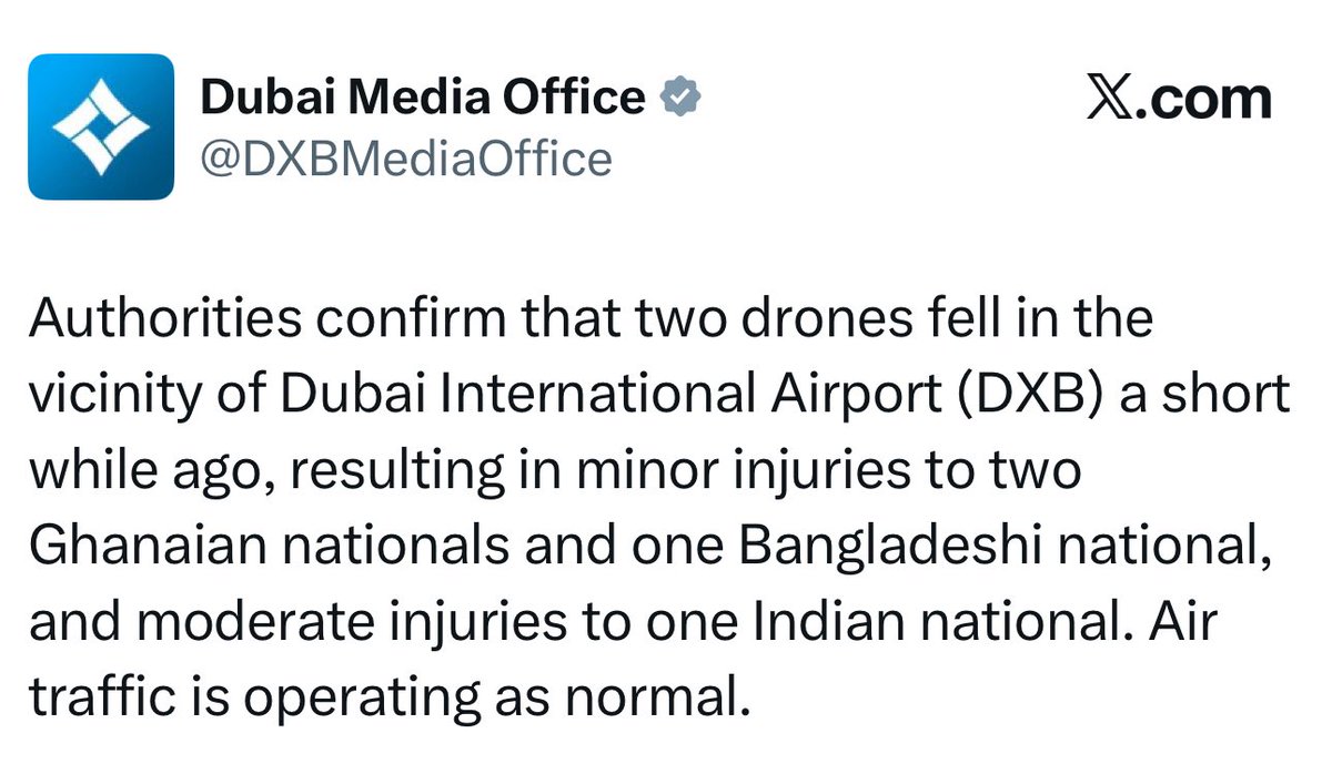 TheInsiderPaper's tweet photo. BREAKING - Drones fall in the vicinity of Dubai airport, injuring four https://t.co/DOg9dUmxiJ