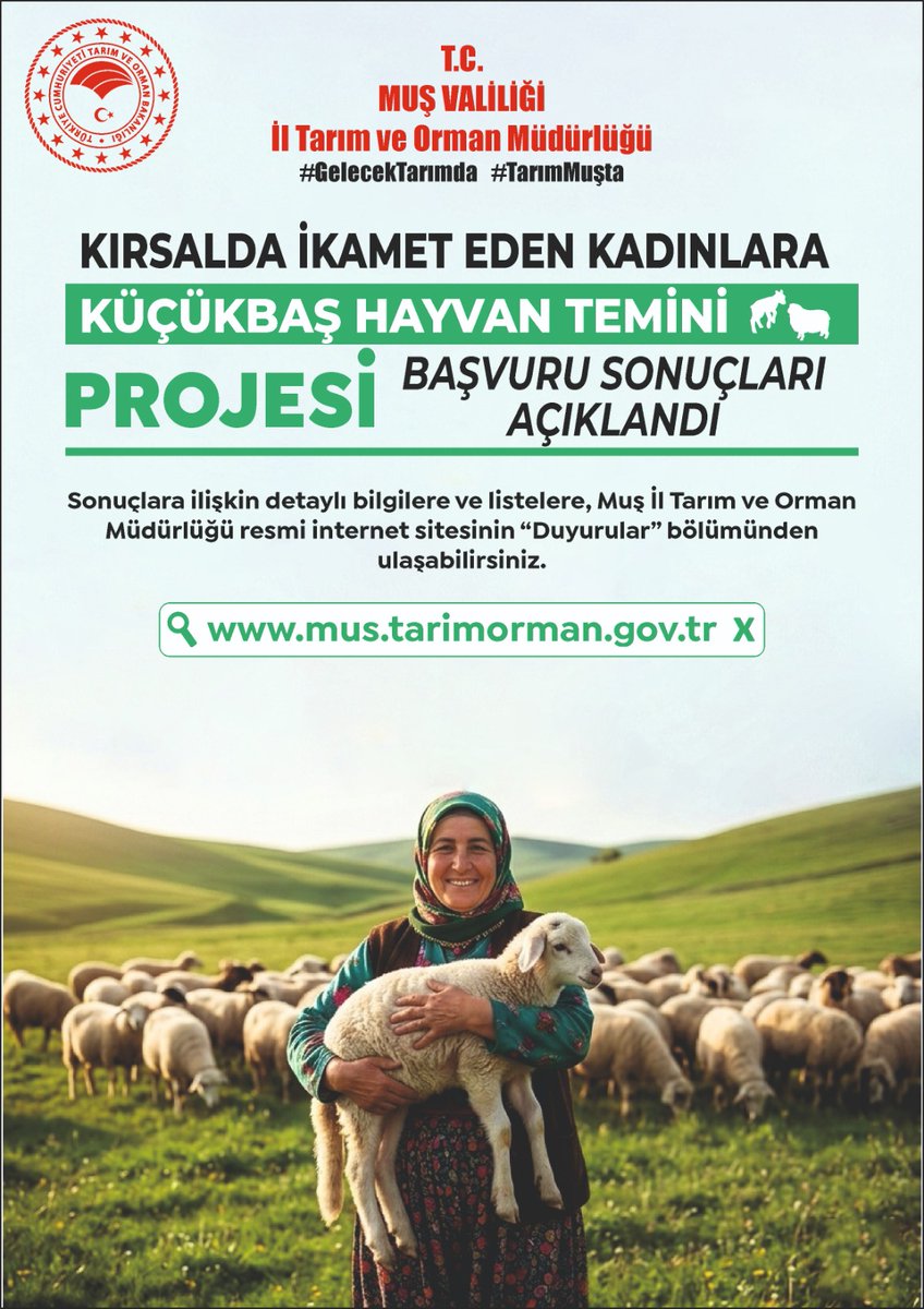 Kadınlar Destekleniyor, Kırsal Bereketleniyor.🧑‍🌾🐑 

İl Müdürlüğümüzce yürütülen İl Özel İdaresince finanse edilen projemizin başvuru sonuçları açıklandı.

mus.tarimorman.gov.tr/Duyuru/356/

<a href="/ibrahimyumakli/">İbrahim Yumaklı</a> <a href="/TCTarim/">T.C. Tarım ve Orman Bakanlığı</a> 
<a href="/TCMusValiligi/">T.C. Muş Valiliği</a> <a href="/Ncttngnc/">Necattin GÖNÇ</a>