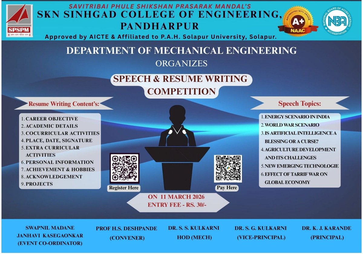 SINHGADINSTITU2's tweet image. Speech &amp;amp; Resume Writing Competition – Ongoing Event-The Mechanical Engineering ,SKN Sinhgad College of Engineering, Pandharpur is successfully conducting the Speech &amp;amp; Resume Writing Competition today. 
#SKNSinhgad #SKNCOEPandharpur #MechanicalEngineering #SpeechCompetition
