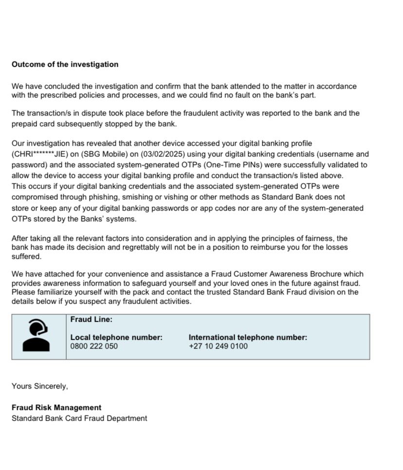 chris_plaatjie's tweet photo. So @StandardBankZA was gonna spend 45 business days just to inform me that it is all my fault that money in my account was stolen and cannot be reimbursed. 
I mean their level of conduct is appalling, they could’ve saved my breath and energy by telling me this from the get go https://t.co/koqgZLr1Dx