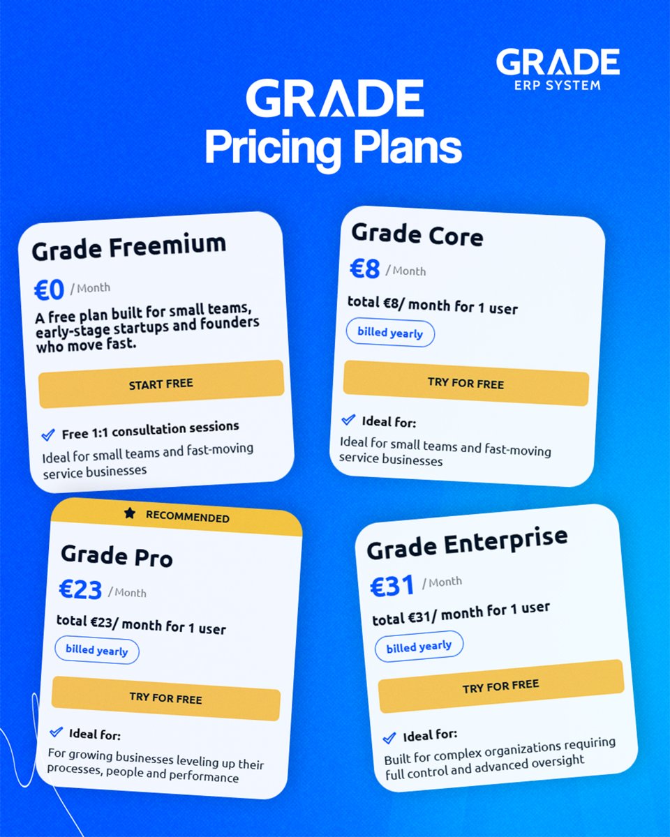 Scale with Grade ERP 📈

🌱 Free (€0): Foundation + Mentorship. 
⚡️ Core (€8/u): Goodbye Excel. CRM &amp; Tasks. 
🚀 Pro (€23/u): AI Recruiting &amp; Profitability. 
🏢 Enterprise (€31/u): Full Custom &amp; VIP Support.

Ready to scale? Comment "DEMO"! 👇