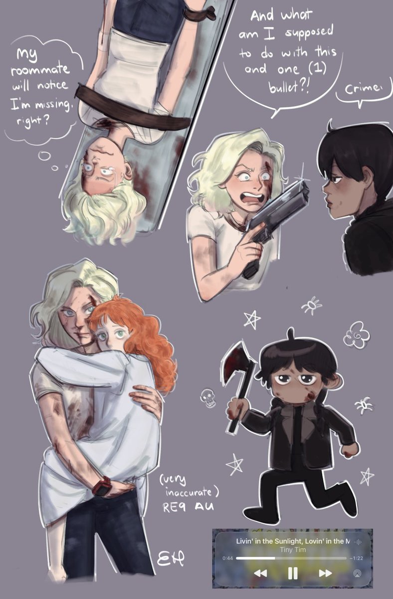 employedhamster's tweet photo. Definitely inaccurate considering I haven’t finished the game yet and I’m not touching ANY of the previous re lore

Lets just say this is a “me and my roommate get sucked into a bioterrorism attack plotline but one of us is clearly enjoying herself more than the other” AU https://t.co/dzveDO6v4r