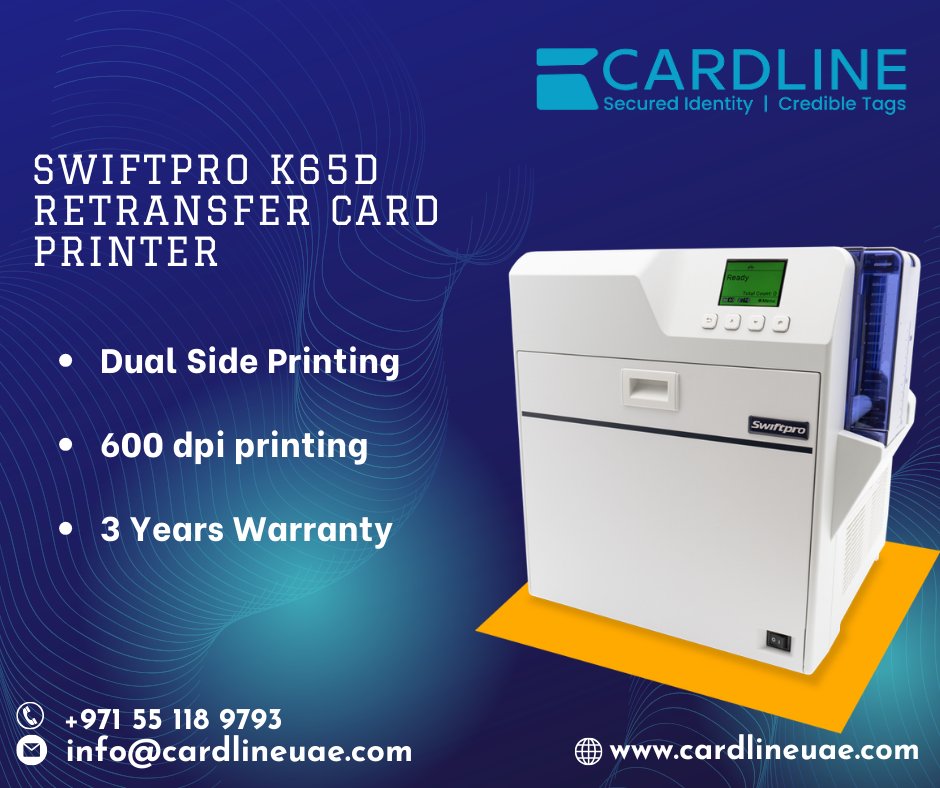 CardlineU's tweet photo. Swiftpro K65D Re-transfer Printer for high quality ID Card Printing (600 dpi) 
>  Single/Dual Side Printing
>  600 dpi Printing
>  3 Years Warranty 

For more details contact us:
📱+971 55 118 9793
📩info@cardlineuae.com
🌐https://t.co/YD0rgXHGGK https://t.co/TjoeYhlxrN