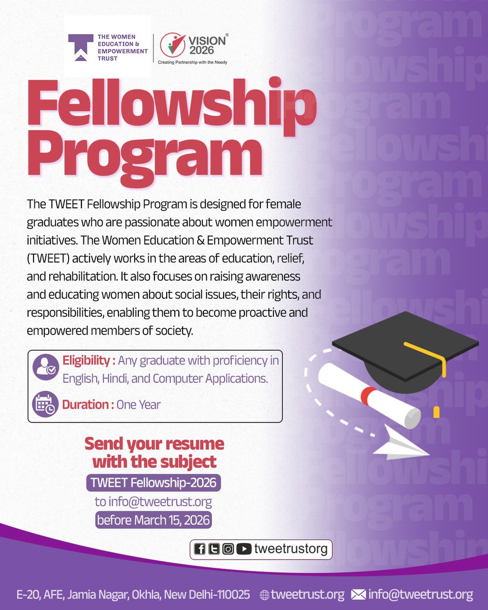TWEET Fellowship in Women Empowerment.

Application are open till March 15, 2026.