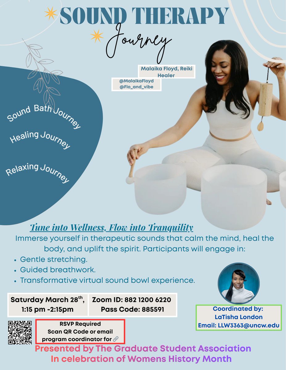 UNCWGSA's tweet photo. Enjoy a virtual Relaxing Sound Bath Experience with a sound therapist. Details on the event flyer below!

Scan the QR code or use 🔗 ⬇️ to RSVP. https://t.co/qrXhRinbCr

📌This is an inclusive event for everyone to celebrate #womenshistorymonth #diversity #dei

-LaTisha London https://t.co/etebrD4tvQ