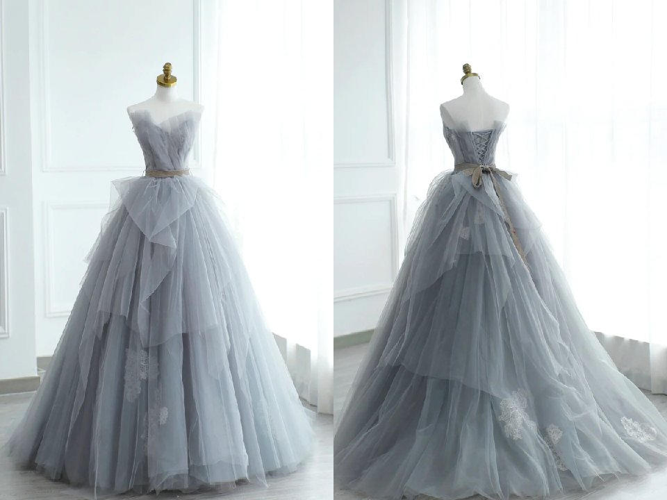 Gray Strapless Tulle Lace Long Prom Dress, A Line Evening Party Dress