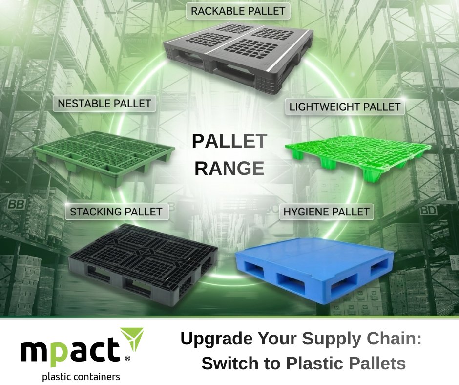 MpactPC's tweet photo. Still using wooden pallets?

Upgrade to plastic pallets built for strength, hygiene, and export efficiency.

-Heavy-duty &amp; reusable
-No fumigation required
-Safer, uniform stacking
-Fully recyclable at end-of-life

🌐 https://t.co/InXxM1hi9s https://t.co/9icRyCRHUb