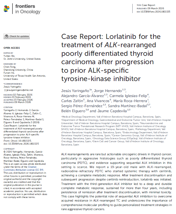 📄 Nuevo case report

Lorlatinib mostró respuesta clínica en un carcinoma tiroideo pobremente diferenciado con reordenamiento ALK, tras progresión a un TKI previo dirigido a ALK.

<a href="/yaringano_jesus/">Jesús Yaringaño MD 🇵🇪</a> <a href="/JHernando3/">J Hernando</a> <a href="/Ja_Capdevila/">Jaume Capdevila</a> <a href="/vallhebron/">Vall d'Hebron</a> <a href="/VHIO/">Vall d’Hebron Institute of Oncology (VHIO)</a>
