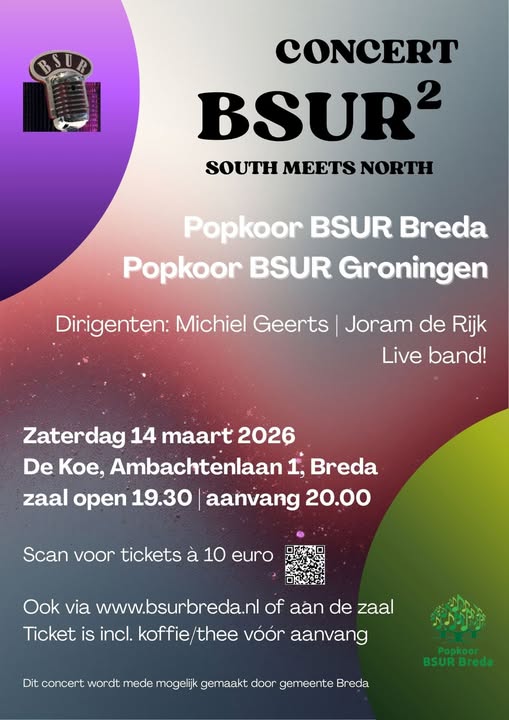 BSUR in het kwadraat. 
Popkoor BSUR Groningen is bij Popkoor BSUR Breda te gast. Samen geven zij zaterdagavond een bijzonder concert: South meets North!
Entree is 10 euro, inclusief een kopje koffie of thee met Groninger of Brabantse lekkernij. #Breda #popkoor