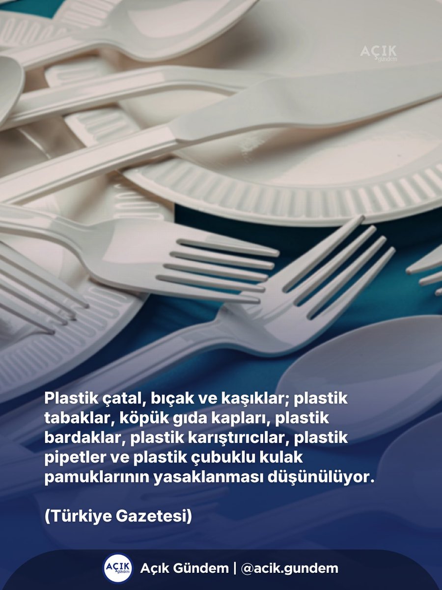 Plastik çatal, bıçak ve kaşıklar; plastik tabaklar, köpük gıda kapları, plastik bardaklar, plastik karıştırıcılar, plastik pipetler ve plastik çubuklu kulak pamuklarının yasaklanması düşünülüyor.

(Türkiye Gazetesi)