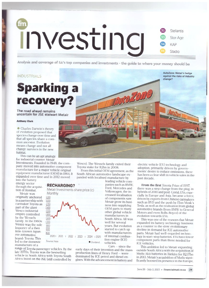 smalltalkdaily's tweet image. Market and investors continue to vote with their selling of $JSEMTA Metair Investments with the stock on today's FY2025 results release

Its intra-day low today was 318 cents but in thin trade and a wide bid / ask. Stock currently at 415 cents

#MTA is a stock I monitor and in a
