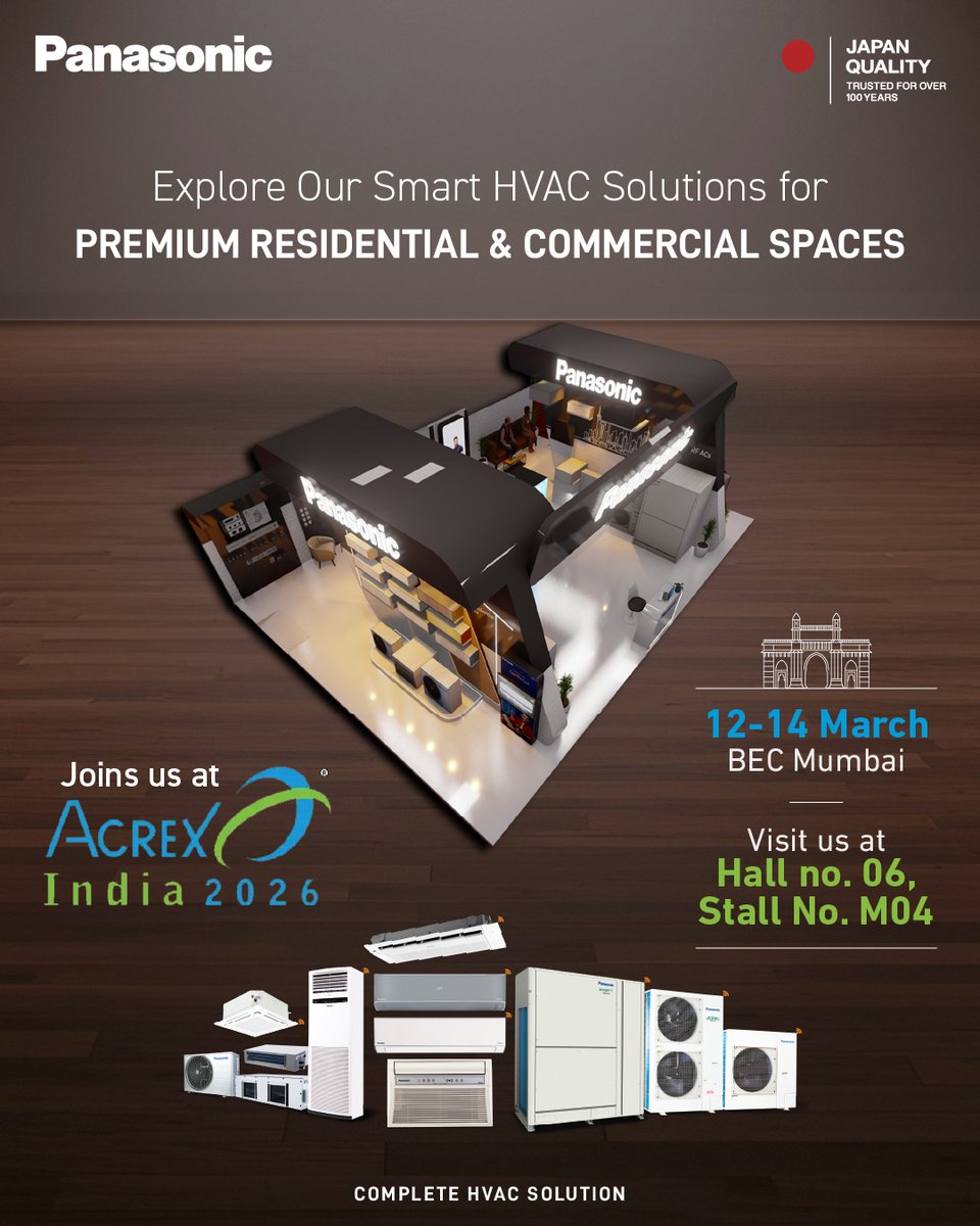 PanasonicIndia's tweet image. Experience the future of smart HVAC solutions with Panasonic.
Join us at ACREX India 2026 to explore innovations designed for premium residential and commercial spaces.

📍 BEC, Mumbai
📅 12–14 March
Visit us at Hall 06, Stall M04

#PanasonicIndia #ACREXIndia2026 #HVACSolutions