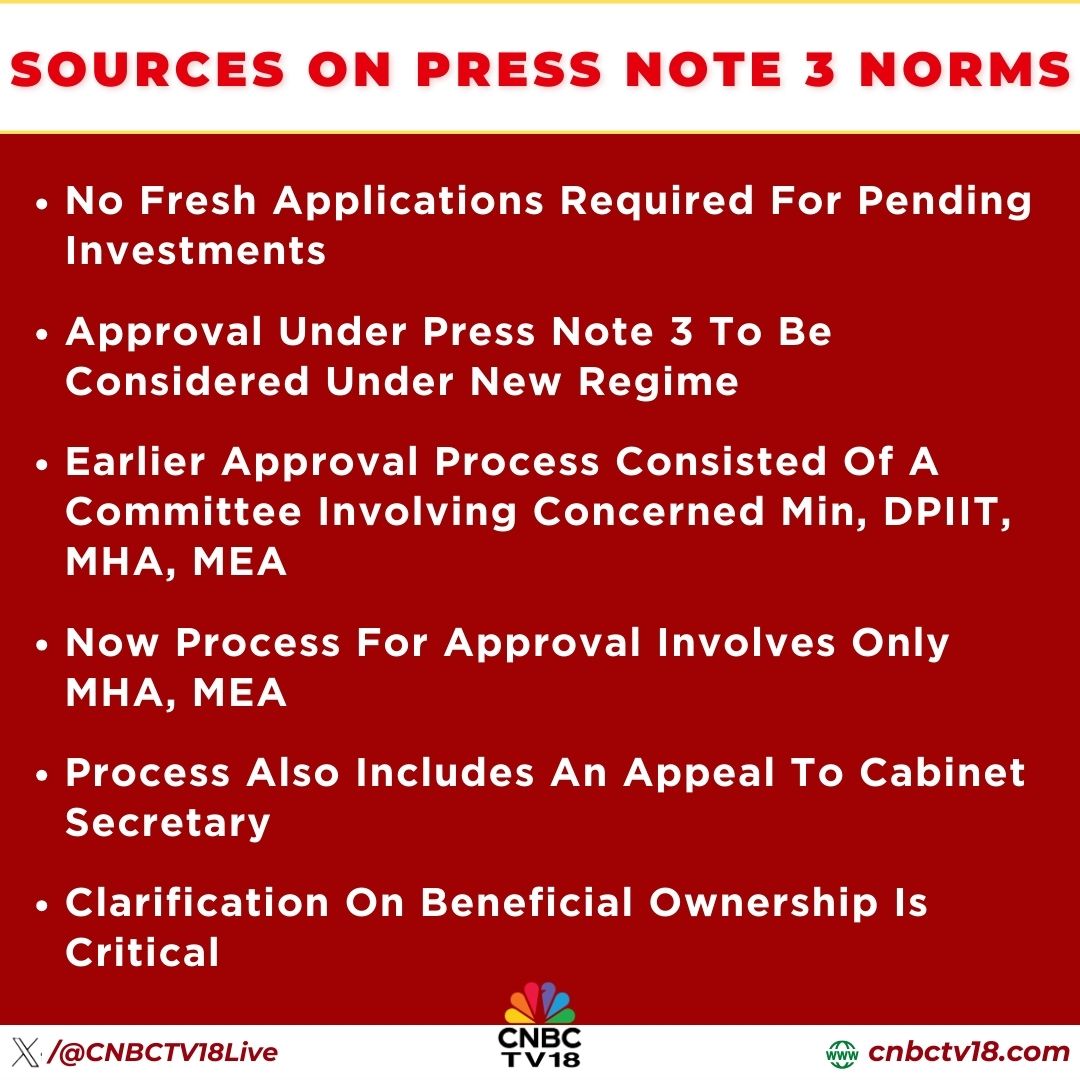 CNBCTV18Live's tweet photo. #JustIn | Sources On #PressNote3 Norms;

👉No Fresh Applications Required For Pending Investments

👉No Additional Scrutiny As Long As Shareholding By A Chinese Co Is Lower Than 10%

Here's  more⏬ https://t.co/cTOyKpr5WT