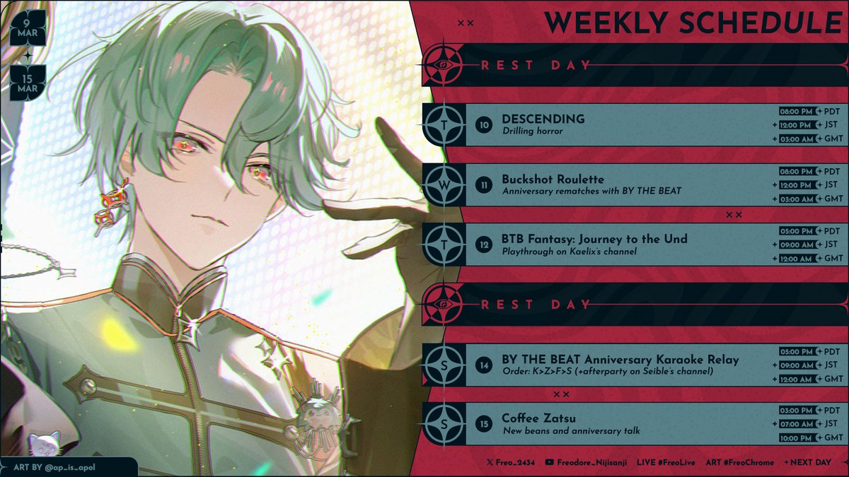 Weekly Schedule (3/10 - 3/15)  
Illustration by @/ap_is_apol