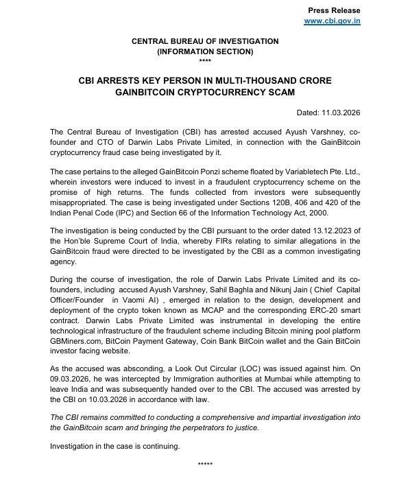 CryptooIndia's tweet photo. BREAKING: 🇮🇳CBI arrests Ayush Varshney, a key figure in ₹6,000 crore GainBitcoin scam. https://t.co/BlNocj5GVR