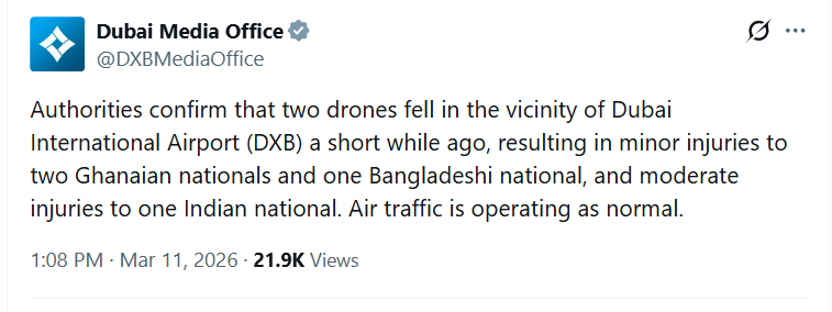 ANI's tweet photo. Authorities confirm that two drones fell in the vicinity of Dubai International Airport a short while ago, resulting in minor injuries to two Ghanaian nationals and one Bangladeshi national, and moderate injuries to one Indian national. Air traffic is operating as normal: Dubai Media Office