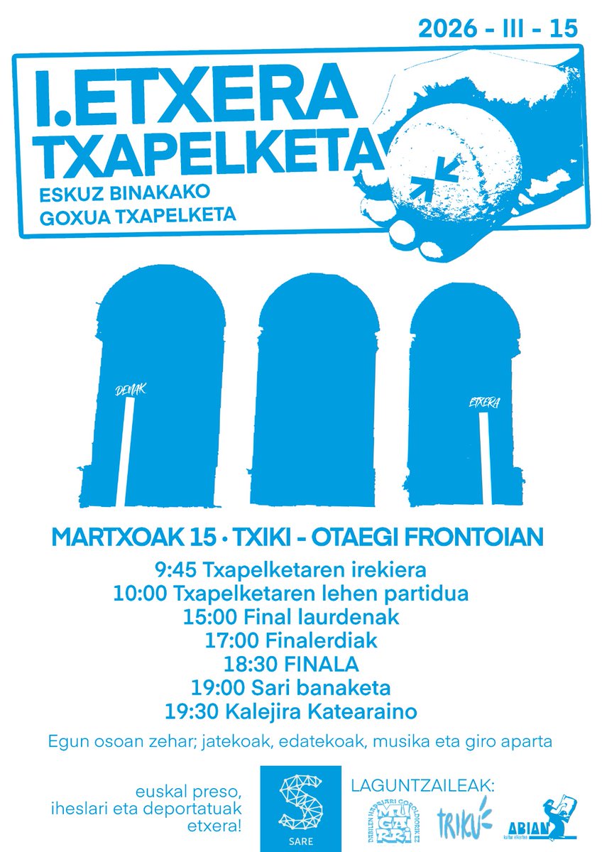 📢 I. ETXERA PILOTA TXAPELKETA
🗒️  Martxoak 15 • igandea
📍 #Algorta #Getxo
👉 Etorri animatzera!
▶️  Euskal preso, iheslari eta deportatuak ETXERA!
#EzinDaGehiagoLuzatu  #Etxera