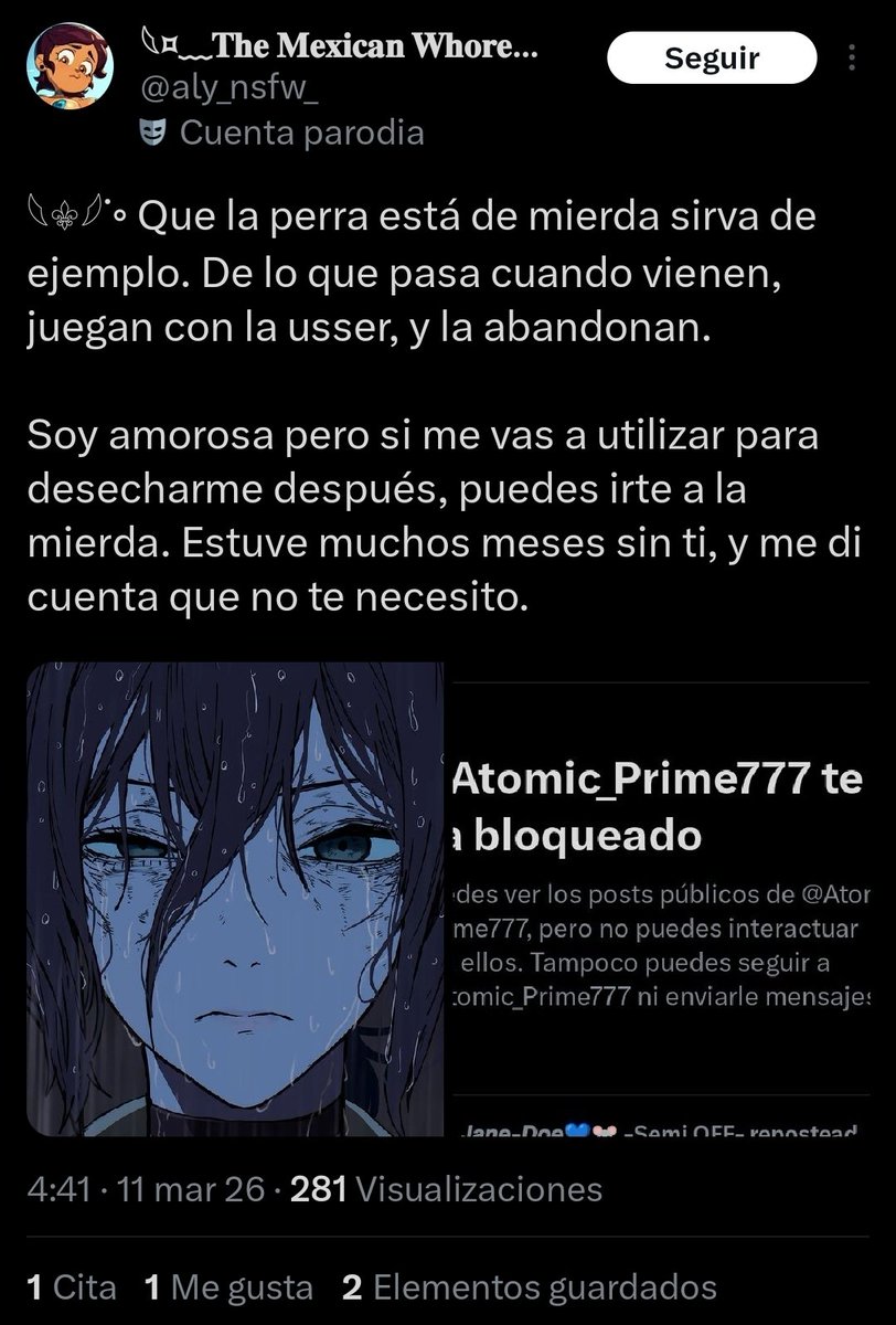 AlexaIndoConca's tweet photo. No. No eres nadie. No debiste ser nadie.
No eres nada. Pero por tu culpa y de las otras dos (incluyo a Jane aquí) ya no puedo verla a la cara, y ya no sé si quiero estar con ella más. Ella ahora me da asco.
Todo el esfuerzo de meses de volver a confiar en alguien. Ido.
+ https://t.co/AHcPi3Z8IQ