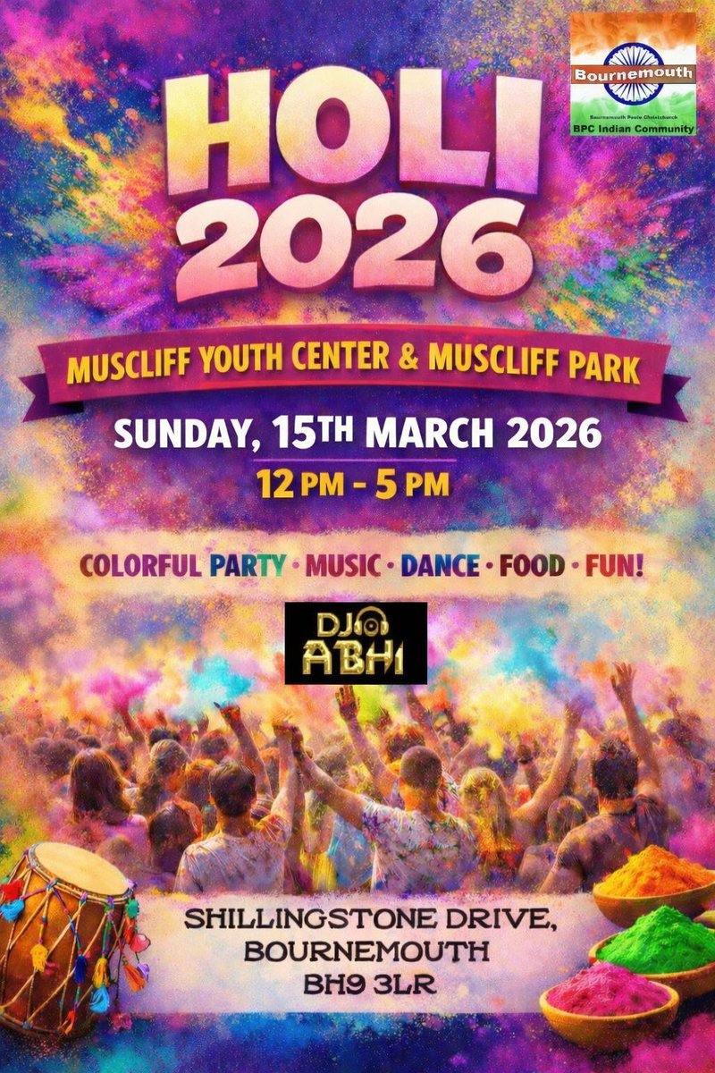 PolicePosAction's tweet image. We're excited to support &amp;amp; attend the #Holi Celebration on 15 March, organised by BPC Indian Community. The event is free of charge, everyone is welcome. Please come and say hello at our stall, we'll be promoting opportunities at @DorsetPolice. 
#PositiveAction #JoinUs #Holi2026