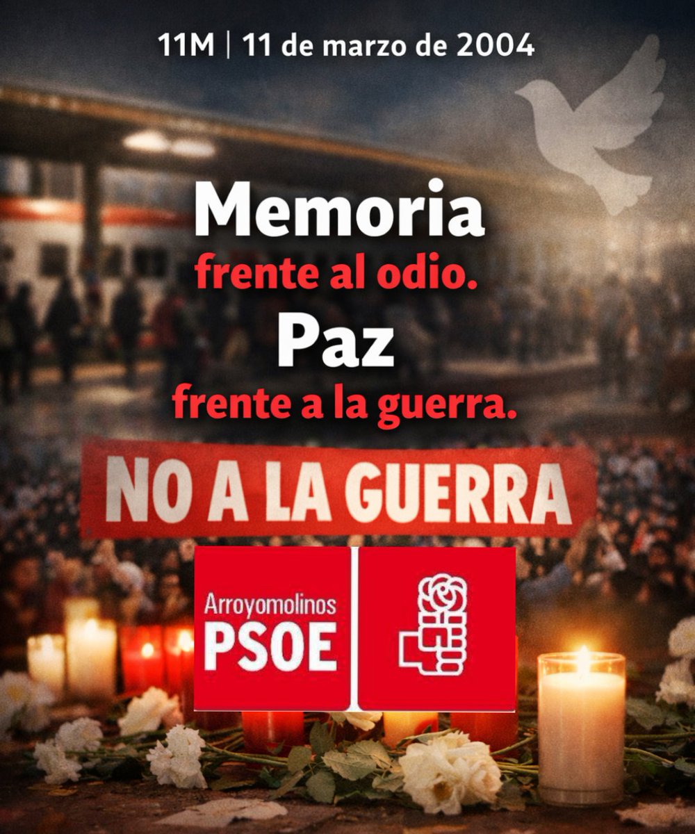 Hoy recordamos a las 193 víctimas asesinadas en los atentados del 11 de marzo de 2004 en Madrid.

Memoria, justicia y dignidad frente al terrorismo.

Ayer y hoy seguimos defendiendo lo mismo que llenó las calles entonces:

🕊️ No a la guerra.

#11M #Memoria #Paz #NoALaGuerra