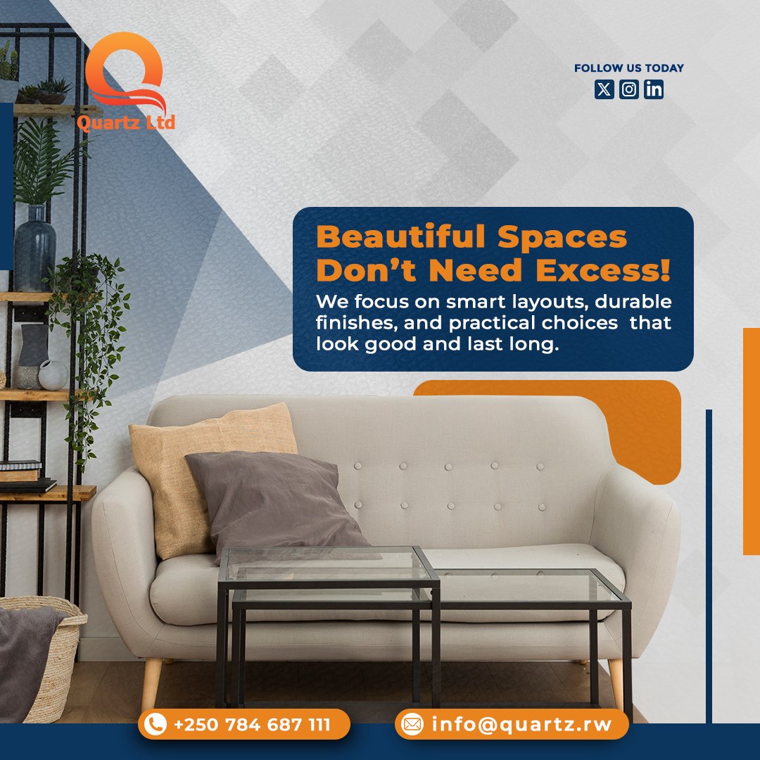 quartz_rw's tweet photo. Beautiful spaces don’t need excess they need smart layouts and quality finishes. At Quartz Ltd, we believe in the power of practical choices that look stunning today and stay durable for years to come.
#QuartzLtd #InteriorDesignRwanda #MinimalistHome #SmartLayouts #ModernLiving https://t.co/4vYZdtvr10