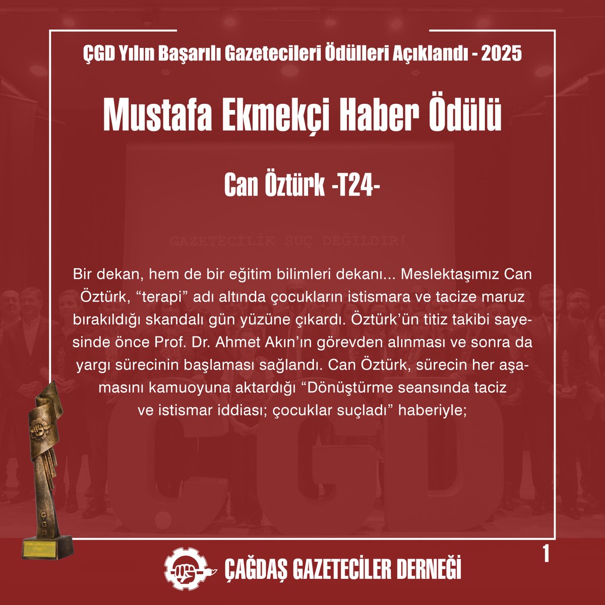 cgdgenelmerkez's tweet photo. MUSTAFA EKMEKÇİ HABER ÖDÜLÜ: “Dönüştürme seansında taciz ve istismar iddiası; çocuklar suçladı”

Can Öztürk @canoztrk09 -T24 @t24comtr https://t.co/nqeS6m7ayS
