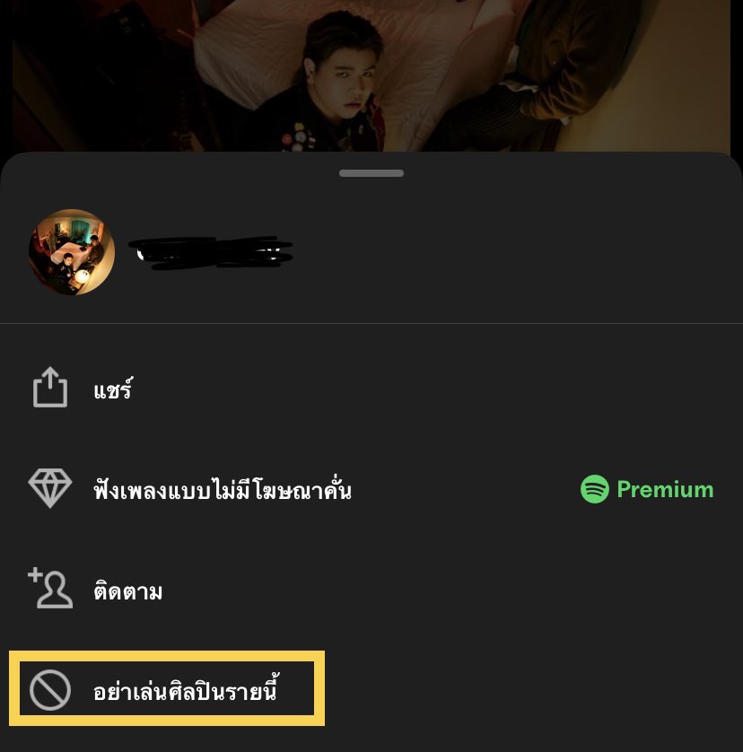 เผื่อมีคนยังไม่รู้ spotify บล็อคช่องศิลปินได้น้า เผื่อมีวงหรือศิลปินคนไหนที่ไม่อยากหลงไปเพิ่มเอนเกจให้ผ่านระบบสุ่มของแอป ไม่ถึง 10 วิ เสร็จ