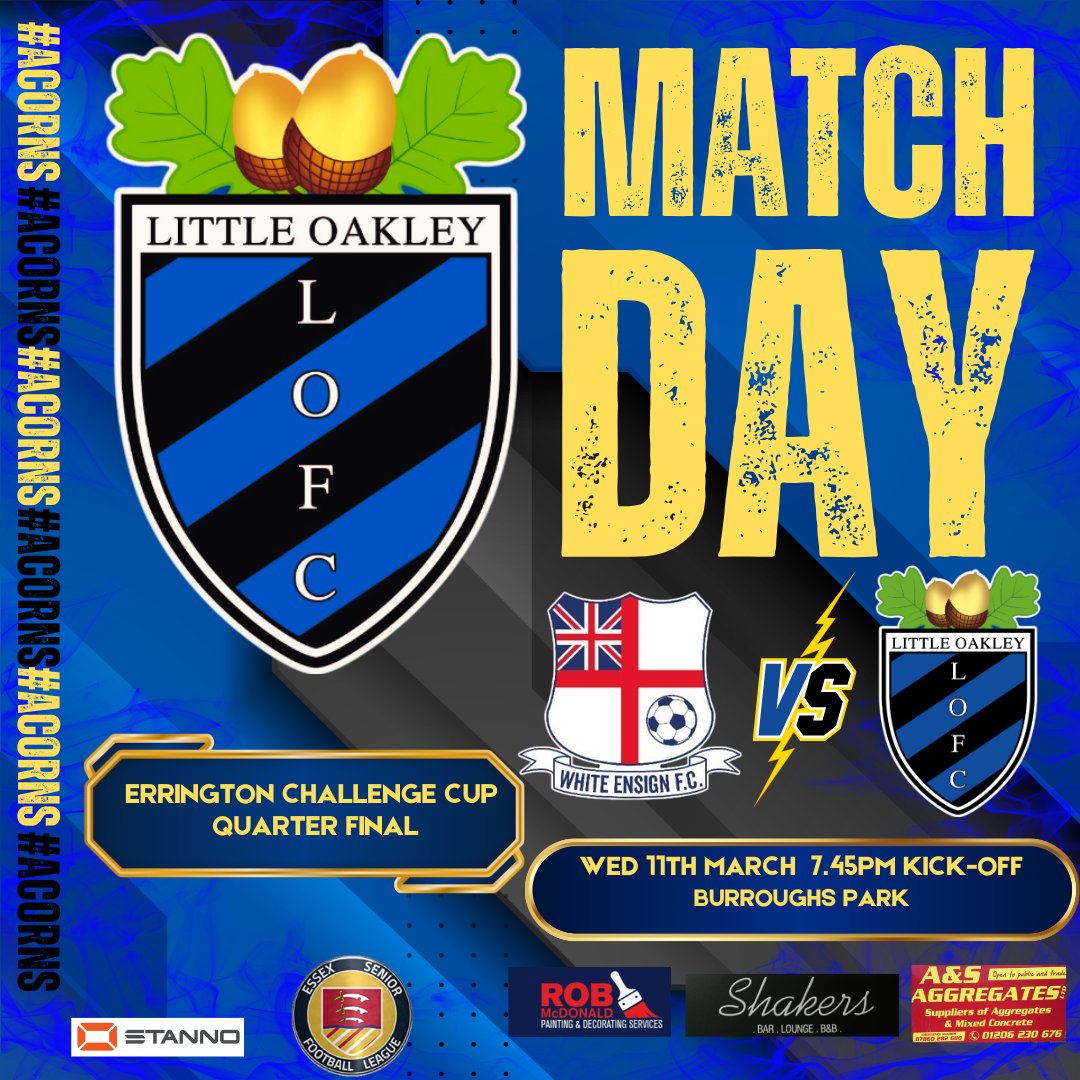 𝙄𝙏'𝙎 𝙈𝘼𝙏𝘾𝙃𝘿𝘼𝙔 !!!!

Tonight is Cup Night, the Acorns Head to Burroughs Park for their Errington Challenge Cup Quarter Final tie against <a href="/EnsignOfficial/">White Ensign FC</a> 

Kick-Off 7.45pm

COME ON YOU ACORNS !!
