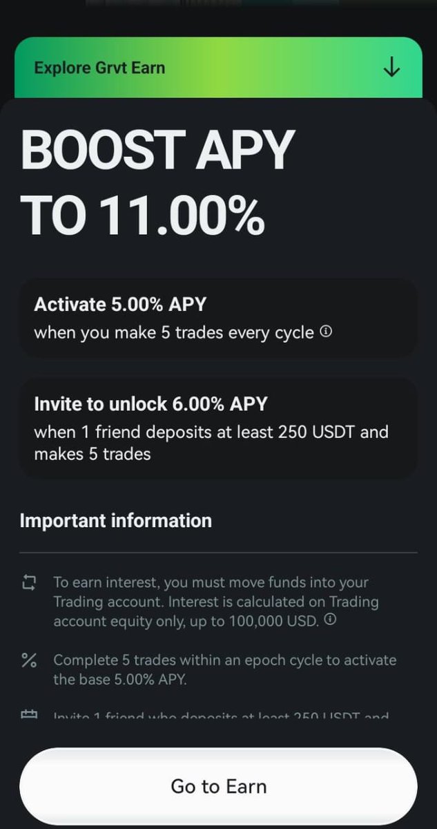 BasseyIsrael4's tweet photo. What if your trading collateral could earn 11% while sitting in your account waiting for a trade?

That is exactly what is happening on the new @grvt_io 2.5 mobile app, and it changes how capital can be managed. Many people have heard about Unified Balance, but with GRVT you can actually see it working directly inside the mobile app.

I started using the mobile app this week and I have seen it first hand. My collateral and earning balance are in the same pool. With just One deposit. 
No moving of funds between wallets. No idle capital sitting around while limit orders wait to fill.

The funds can earn up to 11% annually in the background while trading with the same balance.

The mobile app itself feels clean and intentional. Order placement is smooth, your balance is always visible, and seeing yield accumulate while positions are open creates a different experience when managing margin. It removes the pressure to rush trades just to keep capital productive.

Another factor that builds long-term confidence for me is the upcoming Aave partnership.

Aave is one of the most battle-tested lending protocols in crypto. It has gone through multiple market cycles without failing.
When that integration goes live on GRVT, the yield layer will be supported by a strong liquidity infrastructure. That matters for anyone planning to allocate serious capital.

You can try it yourself.

Deposit 250 USDT using the link below, unlock the $250 referral deposit bonus, and experience the unified balance system firsthand.

https://t.co/Dr8LUIkAUo

Tag one person who should see this.