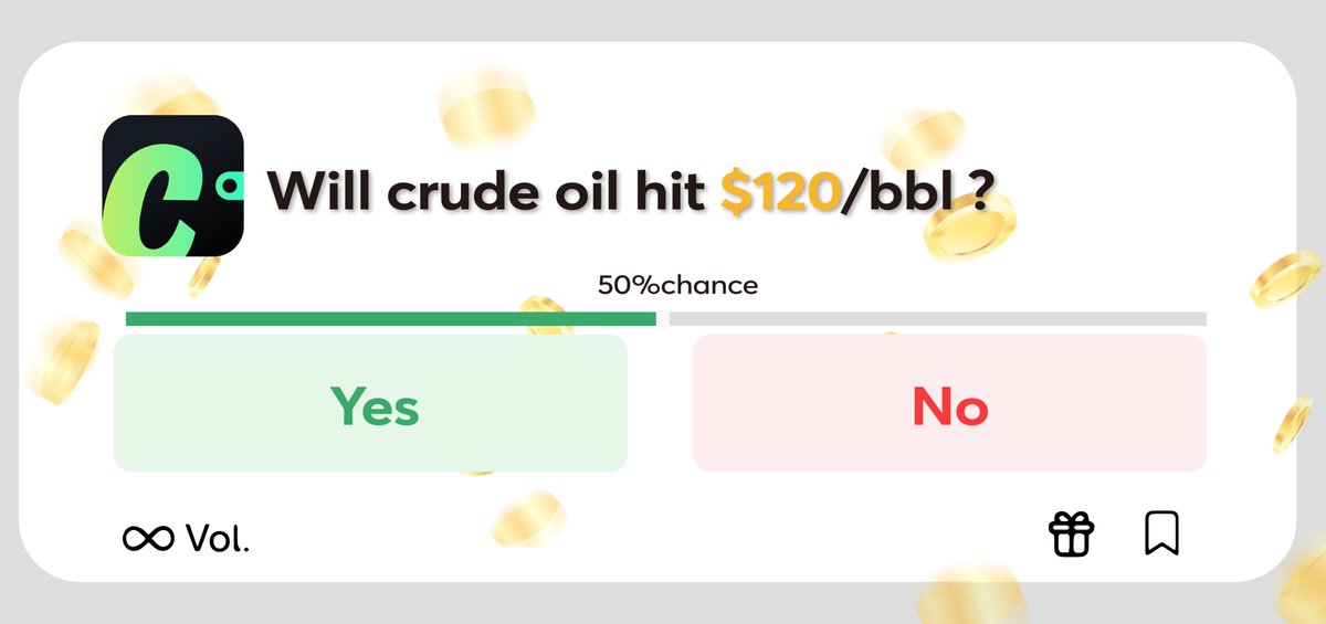 Market sentiment, decoded. 

Will crude oil hit $120/bbl? The debate is on.

Join #Cwallet group chats to share your judgment and explore deeper trading insights. 
#CrudeOil #PredictionMarket #Web3