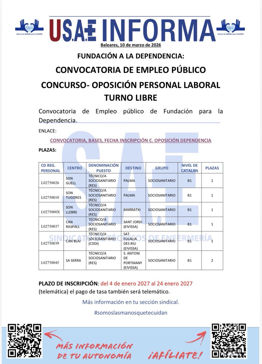 Baleares, 10 de marzo de 2026

FUNDACIÓN A LA DEPENDENCIA:
CONVOCATORIA DE EMPLEO PÚBLICO CONCURSO- OPOSICIÓN PERSONAL LABORAL

TURNO LIBRE

Más información en tu sección sindical.

#somoslasmanosquetecuidan