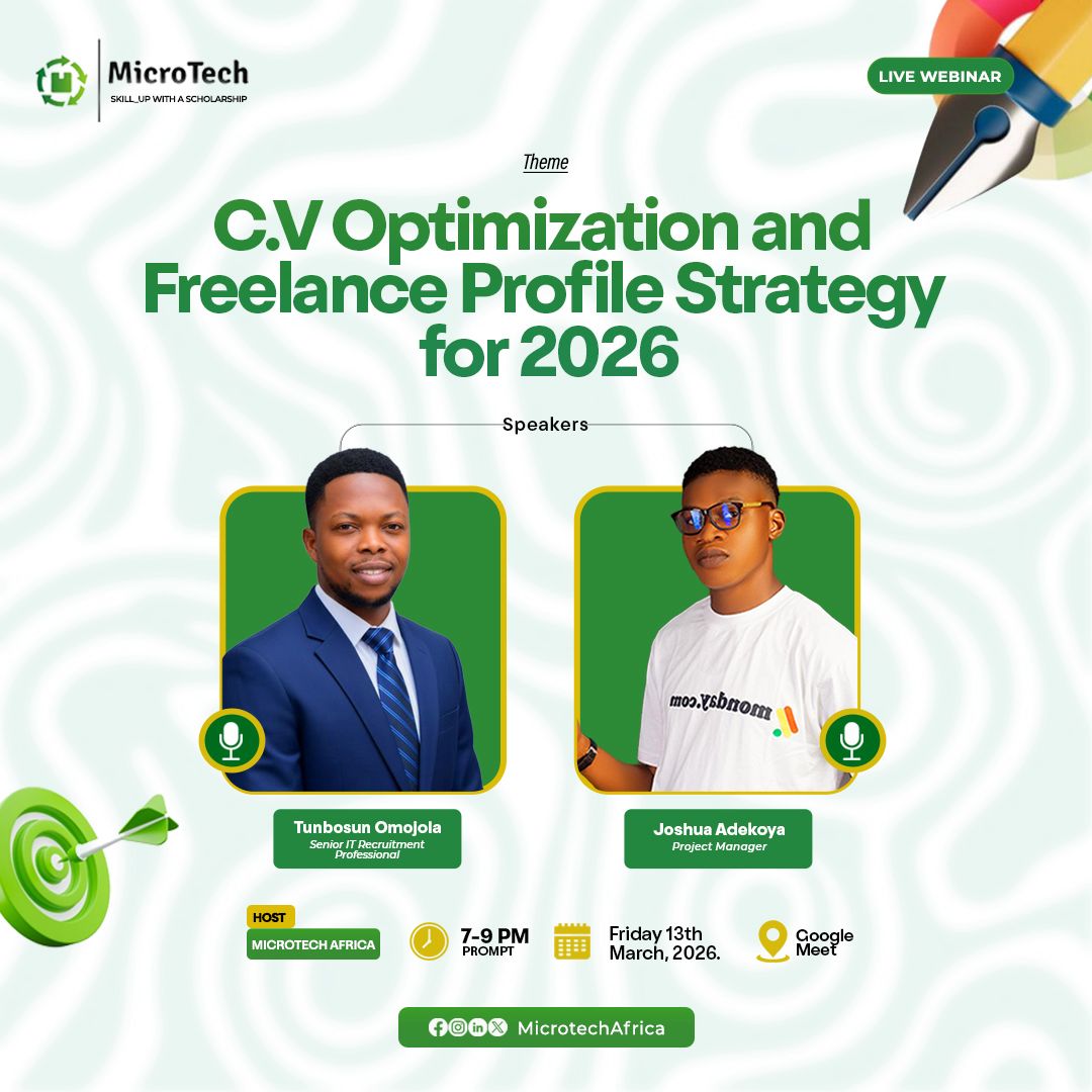 MicrotechAfrica's tweet photo. Ready to land your dream opportunities in 2026? 

Join us for CV Optimization &amp; Freelance Profile Strategy, guided by experienced professionals and learn how to make your CV and  profile stand out!

Don’t miss out your next big career

#tech4u #microtechafrica #cohort5mta https://t.co/5pFAElaDy0