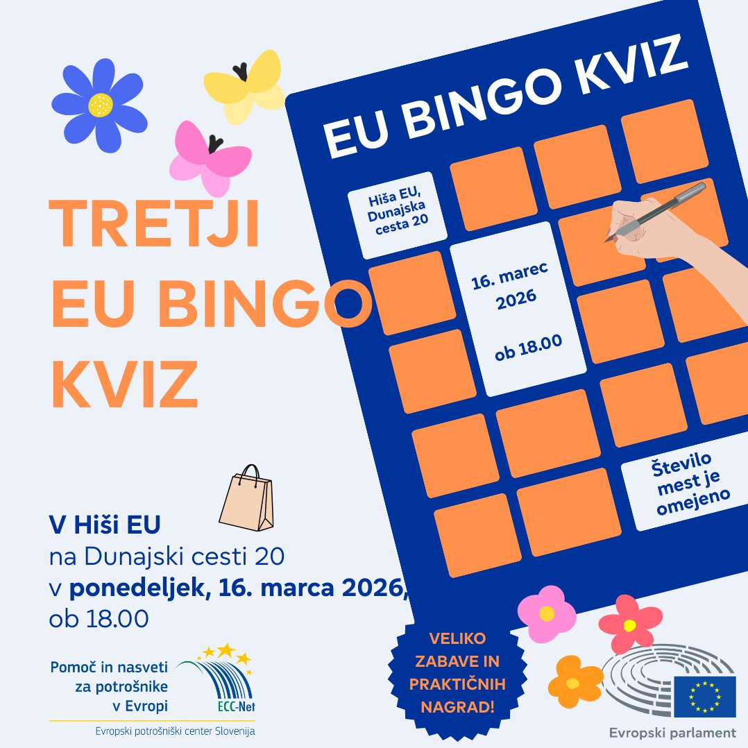 PRIHAJA TRETJI EU BINGO KVIZ!  ✨

📆 Ponedeljek, 16. marec ob 18.00
📍Hiša EU, Dunajska 20, Ljubljana

Voditelj: Sašo Stare

Sodelujte v kvizu o Evropski uniji.

Prijave:
info@hisaeu.si
tel. 01-252-88-43

V sodelovanju z: <a href="/epc_slovenija/">Evropski potrošniški center Slovenija</a>
