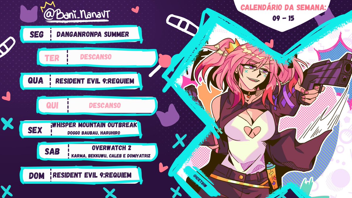 bani_nanaVT's tweet photo. 👑🩷 WEEK SCHEDULE - BANINANA🩷👑

Danganronpa, Resident Evil, Overwatch e Whisper Mountain!!

Todas as lives na Twitch!!
#vtuber #vtuberbr #weekschedule https://t.co/7Be3tKcf6i