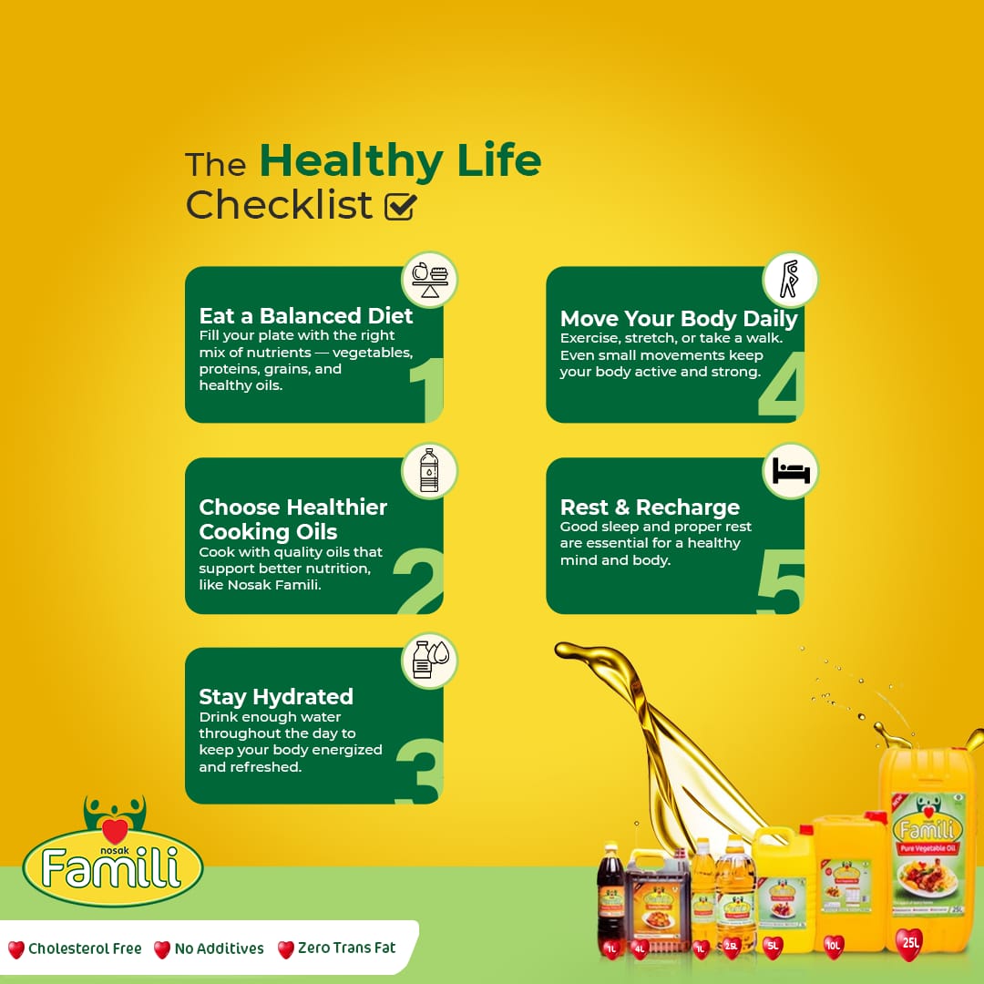 NosakFamili's tweet image. Your guide to staying healthy starts here.

Check your habits and make Nosak Famili Oil part of your daily meal routine for a healthy lifestyle.

#NosakFamilioil #NutritionTips #WellnessChecklist #cookingoilbrandinnigeria