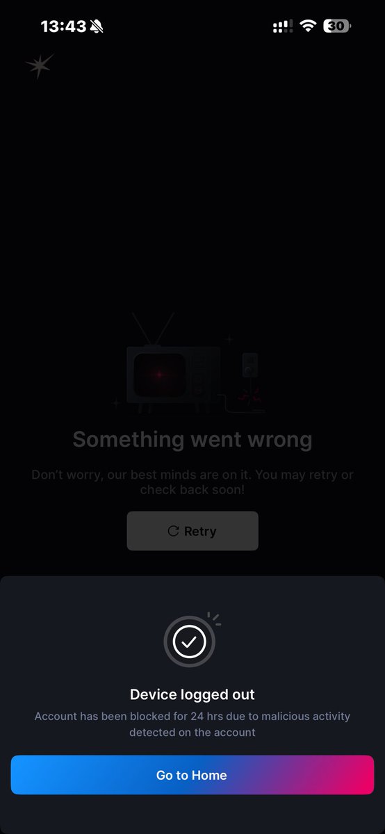 sandeep__9999's tweet photo. Hello @JioHotstar Support Team,
I am facing a login issue on my account. Every time I try to log in, I receive an error message saying “Something went wrong” and my device gets logged out with a notification that my account has been blocked for 24 hours due to malicious activity https://t.co/bV5lXlUNqm