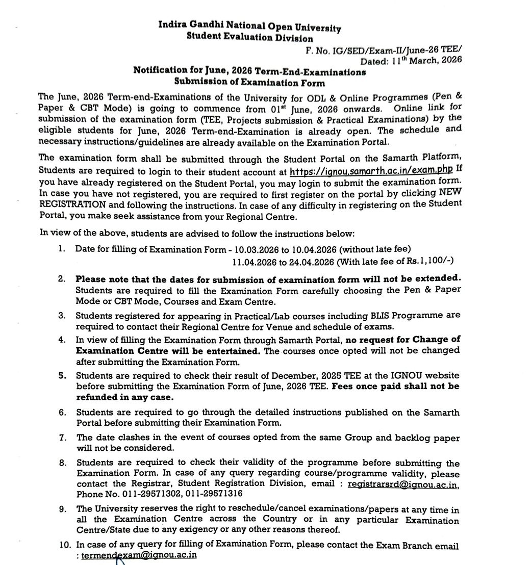 Notification for June, 2026 TEE submission of Examination Form