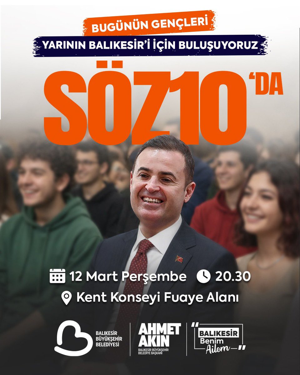 Balıkesir’in geleceğini birlikte planlayıp, yarınlarımızı birlikte inşa edeceğimiz sevgili gençler!

12 Mart Perşembe akşamı 20.30’da sizleri Kent Konseyi Fuaye Alanı’na bekliyorum. “Söz10’da” diyerek mikrofonu gençlerimize teslim edeceğiz.