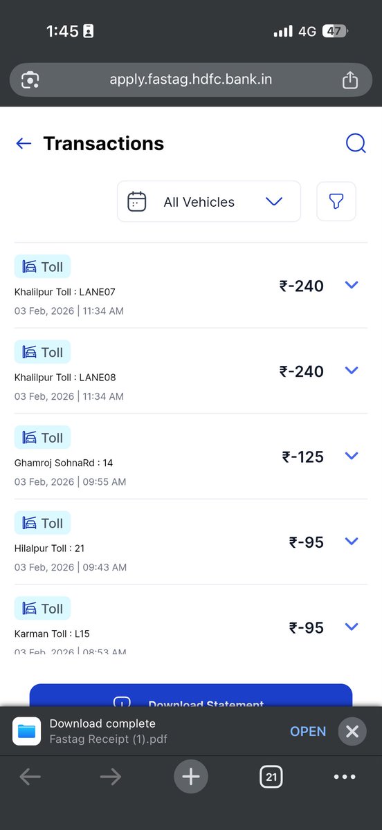 deepesh_adwani's tweet photo. @nitin_gadkari 
Khalipur toll is such a biggest scam in India, always deduct the whole highway toll, although its clearly visible i joined from NH2 highway. 
New scam is double deduction!

Toll was - 40rs
Toll deducted - 480Rs https://t.co/Uh1KXAwLRZ