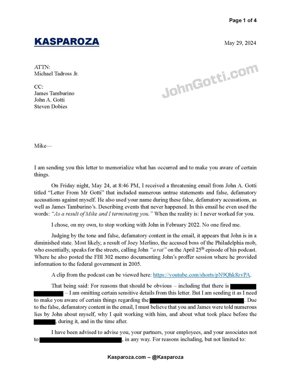 WitsecMafia's tweet photo. Redacted first page of the letter sent to John Gotti Jr.’s business partner, film/TV producer Michael Tadross Jr. on May 29, 2024, following receipt of a threatening, defamatory email from John Gotti Jr.

CC: @Kasparoza @RatFiction @JohnAliteFacts 

https://t.co/HQKSCZUxUM https://t.co/MoReQIfhd5