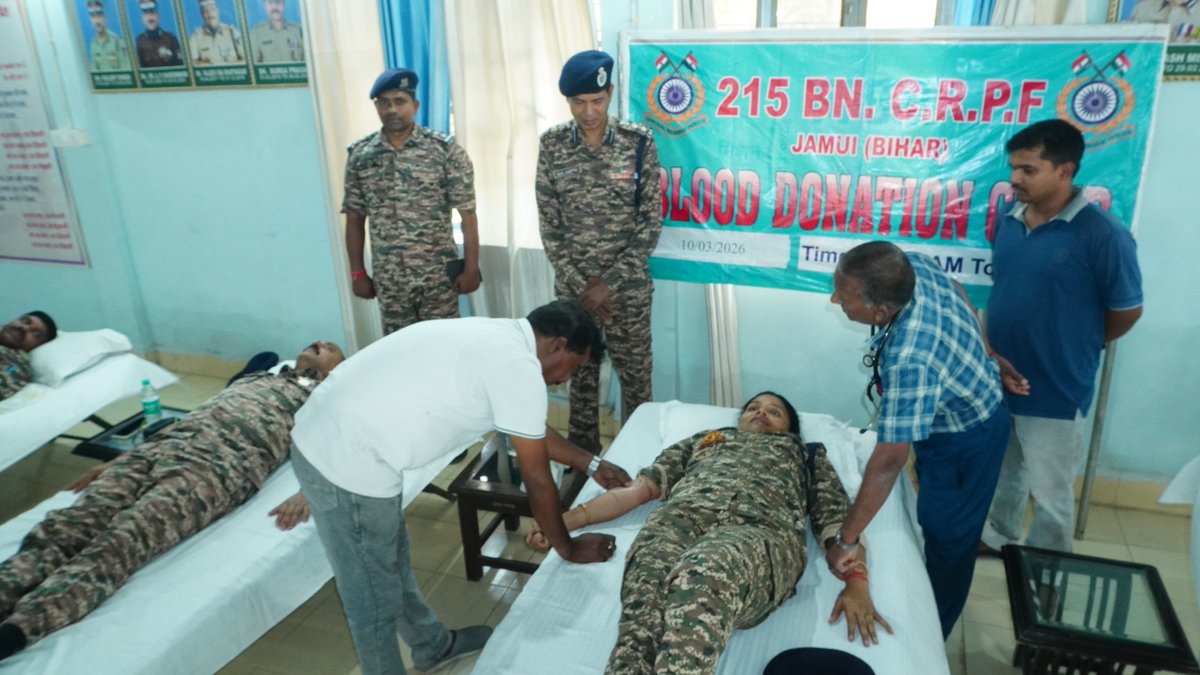 Crpf215bn's tweet photo. BEYOND THE UNIFORM : BEYOND THE CALL 

TO CELEBRATE 87 YEARS OF VALOUR OFFICERS, PERSONNEL AND  FAMILY MEMBERS OF 215 BN CRPF DONATED BLOOD IN A 
BLOOD DONATION 
EVENT ORGANISED AT  POLICE LINES,JAMUI  BIHAR ON 10/03/2026.
SERVICE IS IN OUR BLOOD.  LITERALLY.. https://t.co/ChFDPsX13o