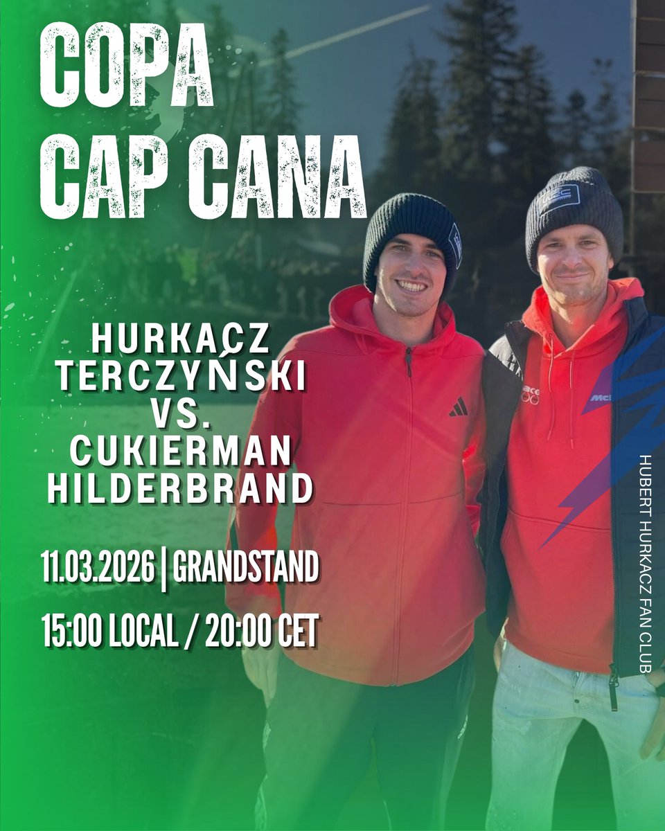 HubertHurkaczFC's tweet photo. 🇩🇴 ATP CHALLENGER COPA CAP CANA 🇩🇴
🇵🇱🇵🇱 Hubert Hurkacz / Mateusz Terczyński vs. Daniel Cukierman / Trey Hilderbrand 🇮🇱🇺🇸
🗓️ 11.03.2026
🏟️🕢 Grandstand, 20:00 🇵🇱 / 15:00 🇩🇴
📺 Challenger TV (online)
JAZDA, PANOWIE! 💪💪
#TeamHubi #HubiHero #CopaCapCana #ATPChallenger175 #HHFC