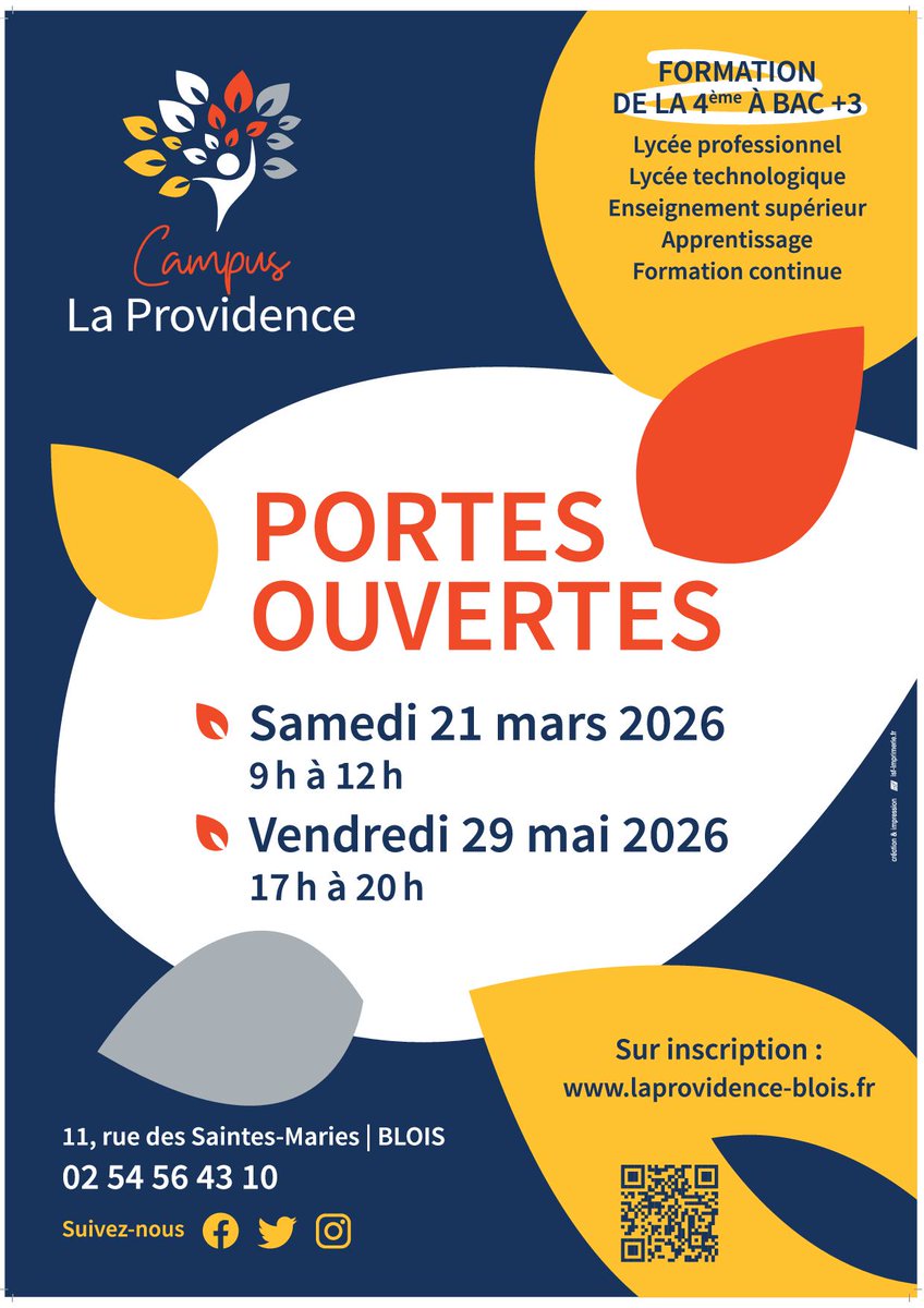 ✨ Portes ouvertes – Campus La Providence
📅 21 mars | 9h–12h
Venez découvrir le campus, nos formations, rencontrer les enseignants et échanger avec les élèves !
⚠️ Inscription recommandée pour choisir votre horaire de visite.
🔗 laprovidence-blois.fr/vie-du-campus/…
#PortesOuvertes  #Blois
