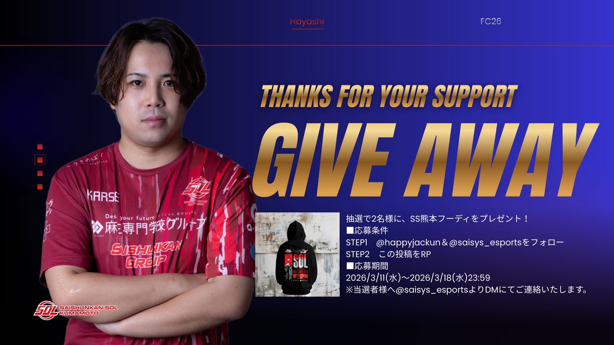 happyjackun's tweet photo. 🏆 FCS26 Asia Winter Final 優勝記念キャンペーン 🏆

いつも応援ありがとうございます！
皆様のサポートのおかげで、先日行われたFCS Asia Winter Finalで優勝し、アジア王者になることができました！🎮🔥
日頃から支えてくださる皆様へ、特大の感謝を込めてプレゼント企画を実施します🎁

🎁 プレゼント内容 🎁
SS熊本フーディ ･･･ 抽選で2名様

📝 応募条件
1️⃣ 私 ( @happyjackun ) をフォロー
2️⃣ チーム公式 ( @saisys_esports ) をフォロー
3️⃣ このポストをリポスト（RP）🔁
⏳ 応募期間2026/3/11(水) 〜 2026/3/18(水) 23:59まで
※当選者様には @saisys_esports よりDMにてご連絡いたします。

これからも熊本から世界を目指して全力で戦い続けます！🔥 たくさんのご応募お待ちしております！

#FC26 #FCS26 #SS熊本 #eスポーツ #プレゼント企画