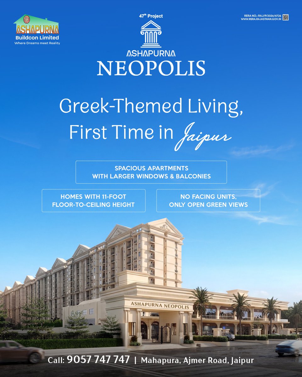ashapurnabl's tweet image. Greek-Themed Living, First Time in Jaipur. 🏛
Ashapurna Neopolis brings thoughtfully planned residences designed for space, light &amp;amp; open views.

📍 Mahapura, Ajmer Road
📞 +91 9057747747

#ashapurnaneopolis #jaipur #greektheme #propertyinjaipur #premiumresidences