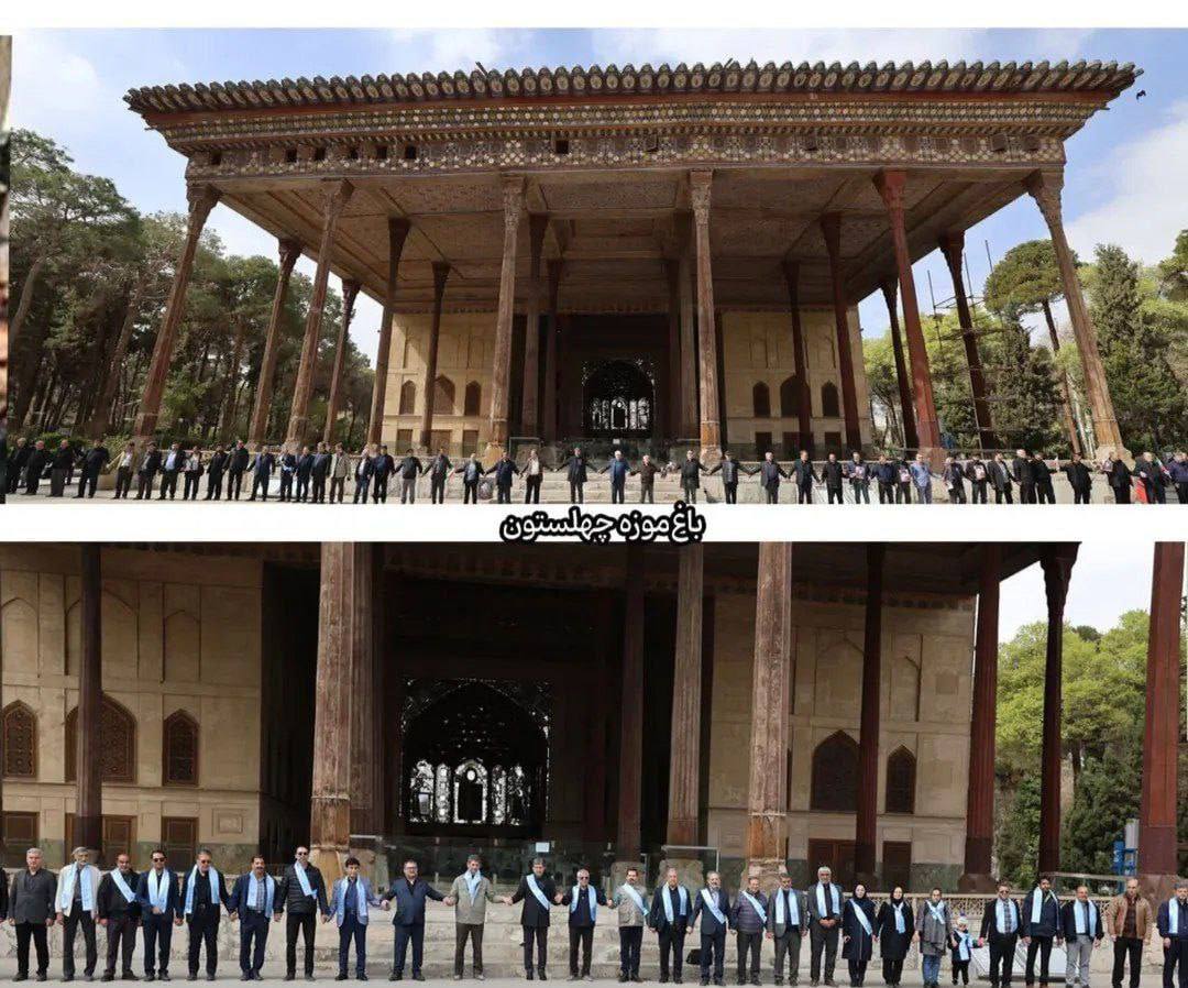 IrnaEnglish's tweet photo. A group of Iranians formed a human chain around the historic Chehel Sotoun palace in Isfahan to condemn the US-Israeli attacks on Iran's cultural and historical sites. https://t.co/OJOddHglK0